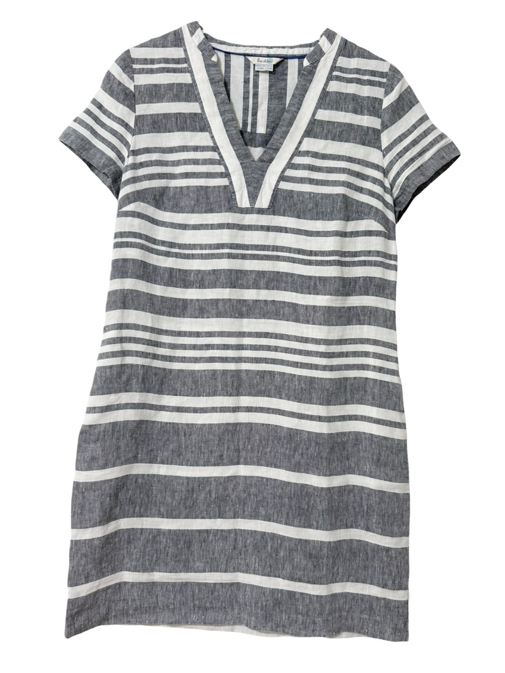 100% Linen Boden Striped Shift Dress Short Sleeves Indigo Gray & White US 8